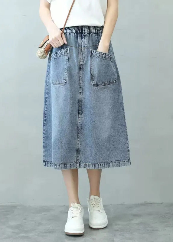 rief Blue Patchwork Elastic Waist Denim Skirts Summer