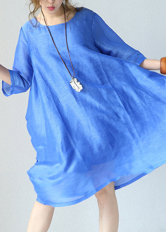 stylish blue natural silk dress Loose fitting silk clothing dress 2018 o neck half sleeve cotton clothing