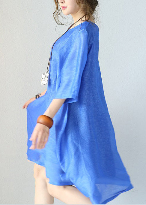 stylish blue natural silk dress Loose fitting silk clothing dress 2018 o neck half sleeve cotton clothing