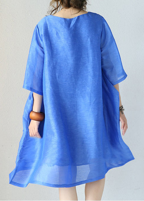 Stilvolles blaues Naturseidenkleid Locker sitzendes Seidenkleidungskleid 2018 O-Hals-Halbarm-Baumwollkleidung