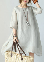 stylish gray pure silk dresses plus silk clothing dresses women o neck half sleeve midi dress