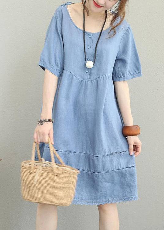 stylish light blue linen shift dress oversize shirt dress women patchwork lace hollow out linen cotton dress