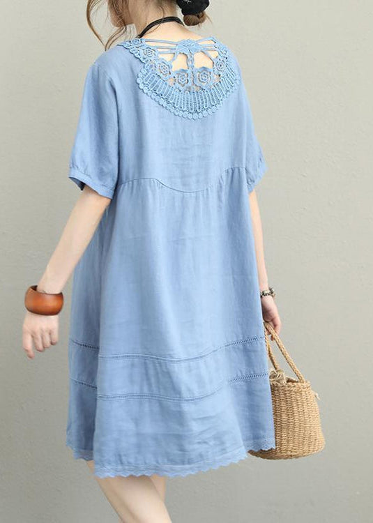 stylish light blue linen shift dress oversize shirt dress women patchwork lace hollow out linen cotton dress