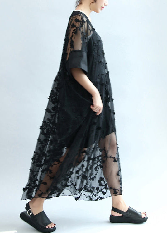 summer 2021 black embroidery lace dresses plus size maxi dress