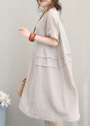 fine beige linen dress casual linen clothing dresses women o neck patchwork cotton dress