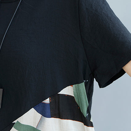 feines schwarzes Patchwork-Leinen-Etuikleid Locker sitzendes Baumwollkleid Elegante Kurzarm-Wilddruck-Kniekleider