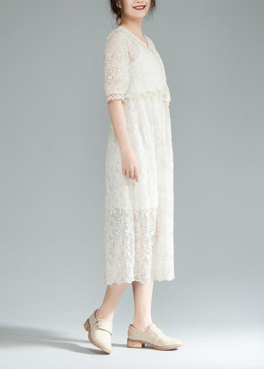 fine long cotton dress oversize lace Lacing Two Pieces Set 12 Sleeve Pleated Dress
