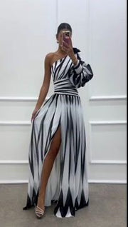 Wedding Prom Striped White tie dye Slit Irregular Sloping Shoulder Evening Dresses