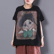 vintage pure cotton tops oversized Loose Cartoon Printed Short Sleeve Black T-shirt