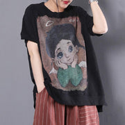 vintage pure cotton tops oversized Loose Cartoon Printed Short Sleeve Black T-shirt