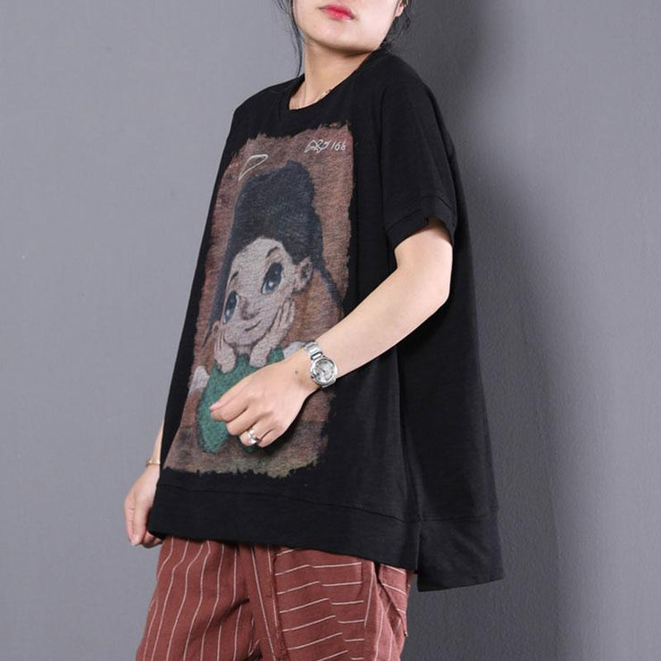 vintage pure cotton tops oversized Loose Cartoon Printed Short Sleeve Black T-shirt