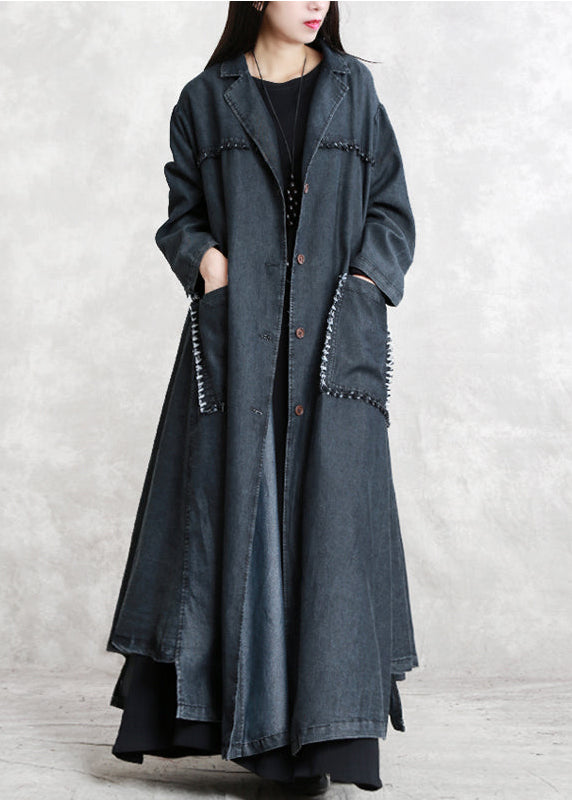 Frauen schwarz Wintermantel übergroß Gekerbte Taschen Elegante lange Jeans-Patchwork-Mäntel mit langen Ärmeln