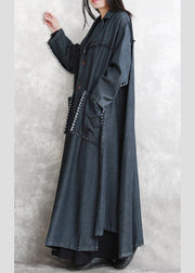 women black Winter coat oversized Notched pockets Elegant long sleeve denim patchwork long coats