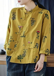 Yellow Pockets Linen Shirt Top Asymmetrical Long Sleeve