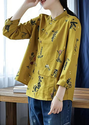 Yellow Pockets Linen Shirt Top Asymmetrical Long Sleeve