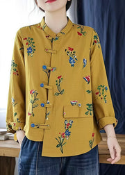 Yellow Pockets Linen Shirt Top Asymmetrical Long Sleeve