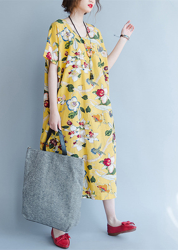 women yellow Midi linen dresses trendy plus size traveling clothing vintage back open floral cotton dresses