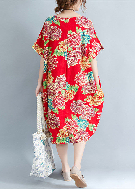 boutique red floral Midi-length linen dress plus size linen clothing dresses casual o neck short sleeve linen cotton dress