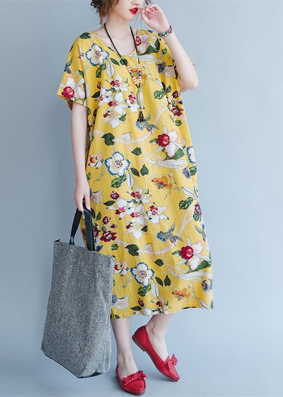women yellow Midi linen dresses trendy plus size traveling clothing vintage back open floral cotton dresses