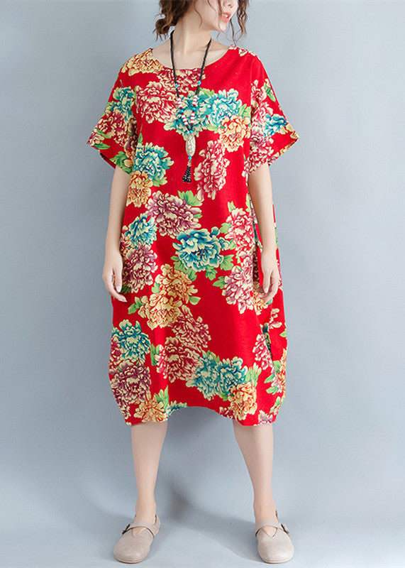Boutique-rotes, florales, Midi-langes Leinenkleid plus Größen-Leinenkleidung Kleider lässiges O-Ausschnitt-Kurzarm-Leinen-Baumwollkleid