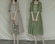 Bohemian Green Print Casual Linen Dress Short Sleeve