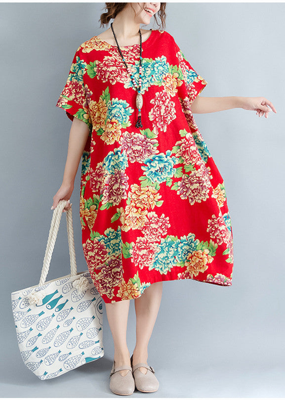 Boutique-rotes, florales, Midi-langes Leinenkleid plus Größen-Leinenkleidung Kleider lässiges O-Ausschnitt-Kurzarm-Leinen-Baumwollkleid