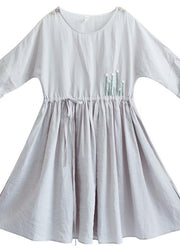 100% Gray Clothes Women O Neck Drawstring Traveling Dresses - SooLinen