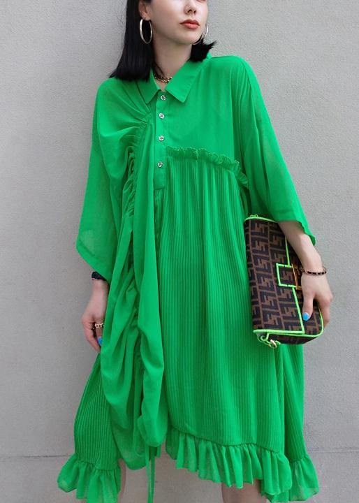100% Green Dress Lapel Asymmetric Summer Dress - SooLinen