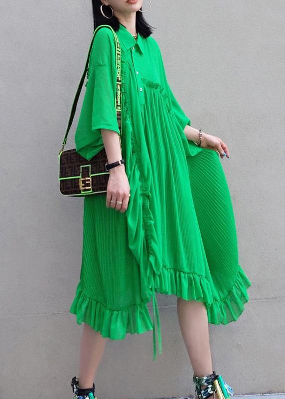 100% Green Dress Lapel Asymmetric Summer Dress - SooLinen