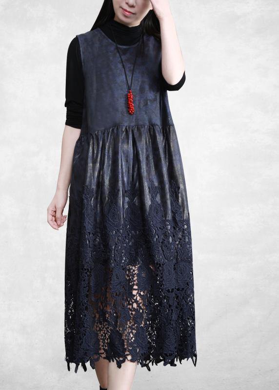 100% Hollow Out Patchwork Dresses Lnspiration dark blue Maxi Dress - SooLinen