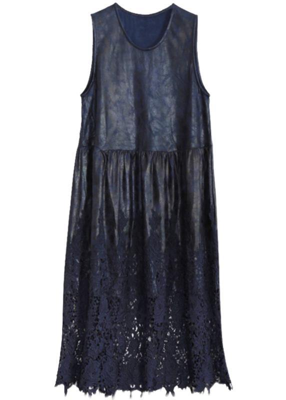 100% Hollow Out Patchwork Dresses Lnspiration dark blue Maxi Dress - SooLinen