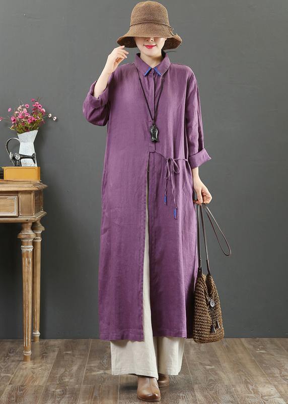 100% Lapel Spring Quilting Clothes Sleeve Purple Robe Dress - SooLinen