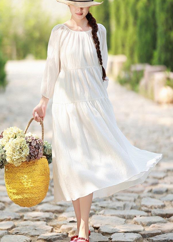 100% O Neck Cinched Spring Outfit Tunic Tops White Maxi Dresses - SooLinen