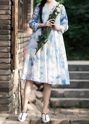 100% O-Neck Half Sleeve Summer Blue Print Dress - SooLinen