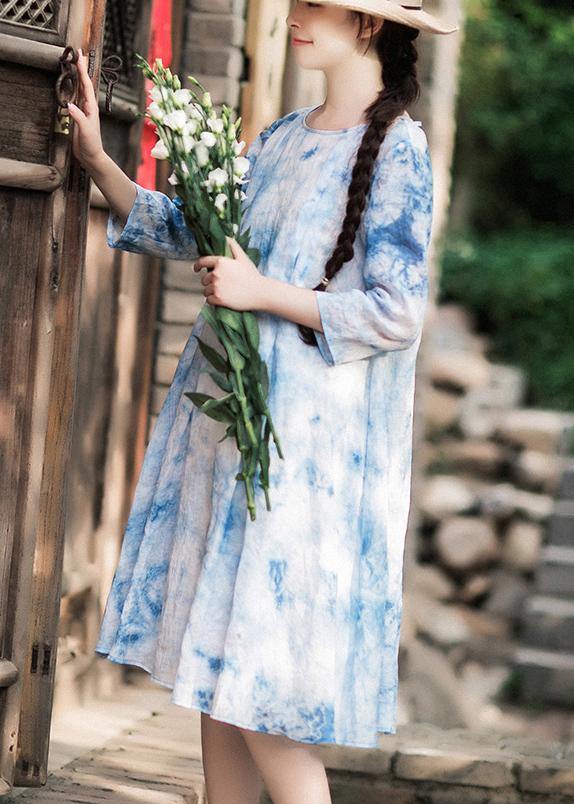 100% O-Neck Half Sleeve Summer Blue Print Dress - SooLinen