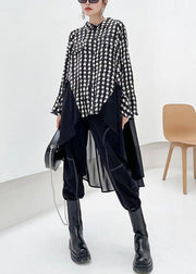 100% Patchwork Lapel Spring Clothes Black Plaid Robes Dress - SooLinen