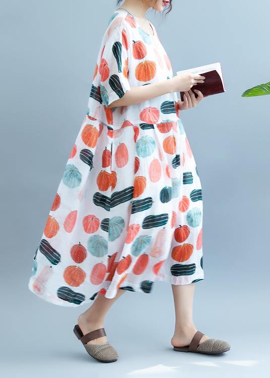 100% Pumpkin  Print Robes O Neck  Maxi Summer Dress - SooLinen