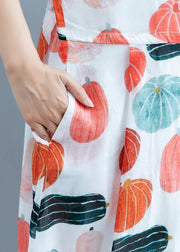 100% Pumpkin  Print Robes O Neck  Maxi Summer Dress - SooLinen