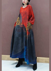 100% Red Print Tunic Pattern O Neck Large Hem Traveling Spring Dress - SooLinen