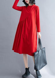 100% Red Wardrobes O Neck Wrinkled Kaftan Spring Dresses - SooLinen