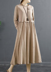 100% Ruffled Patchwork Clothes Pattern Khaki Maxi Dresses - SooLinen