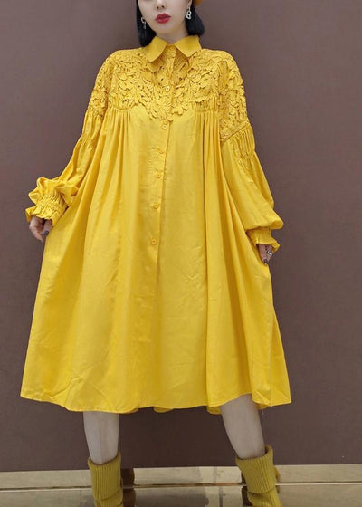 100% Stand Collar Patchwork Lace Quilting Clothes Catwalk Yellow Robes Dresses - SooLinen