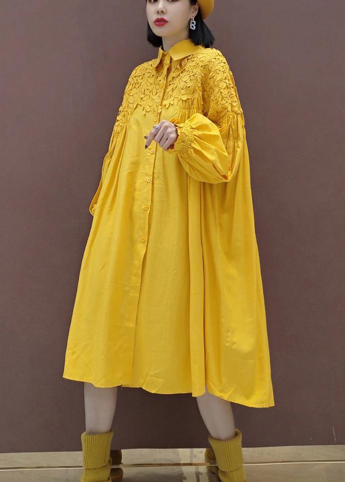 100% Stand Collar Patchwork Lace Quilting Clothes Catwalk Yellow Robes Dresses - SooLinen