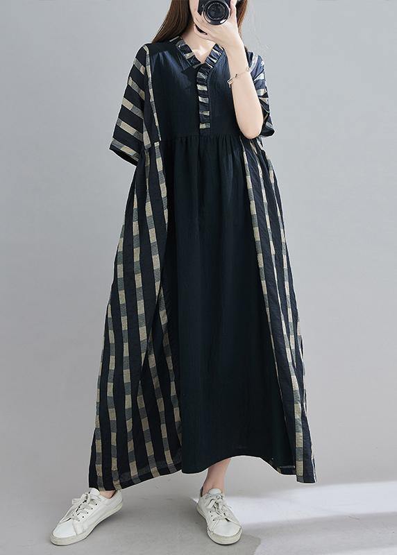100% V Neck Patchwork Spring Clothes Sleeve Black Plaid Maxi Dress - SooLinen