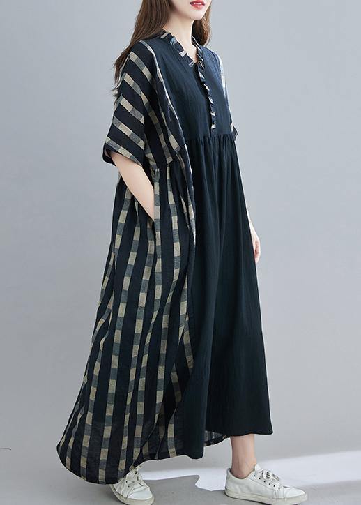 100% V Neck Patchwork Spring Clothes Sleeve Black Plaid Maxi Dress - SooLinen
