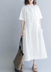 100% White Cotton Tunic Drawstring long Summer Dress - SooLinen