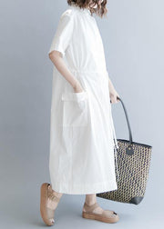 100% White Cotton Tunic Drawstring long Summer Dress - SooLinen
