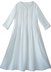 100% White Long Shirts Stand Collar Tie Waist Kaftan Spring Dress - SooLinen