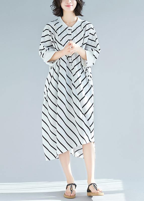 100% White Striped Tunic Dress Asymmetric  Spring Dress - SooLinen