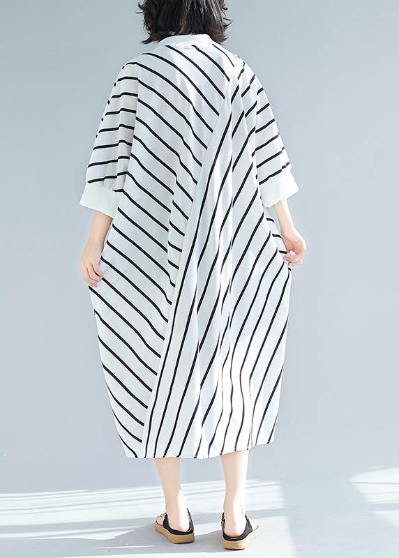 100% White Striped Tunic Dress Asymmetric  Spring Dress - SooLinen